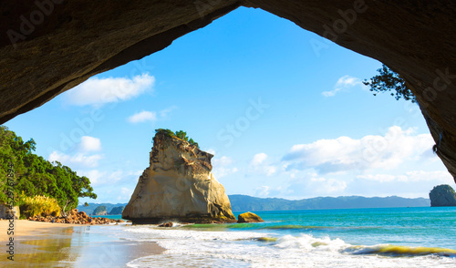 Beautiful view from the cave at cathedral cove,coromandel,new zealand 