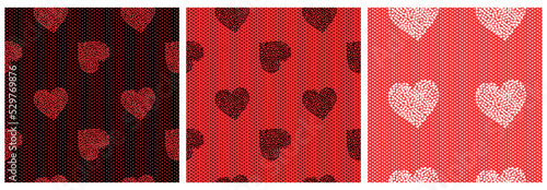 Set of trendy hand-drawn doodle seamless pattern with hearts. Collection of valentines day backgrounds