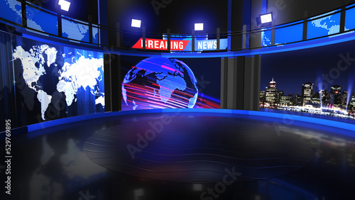 3D Virtual TV Studio News, Backdrop For TV Shows .TV On Wall.3D Virtual News Studio Background,3d illustration 