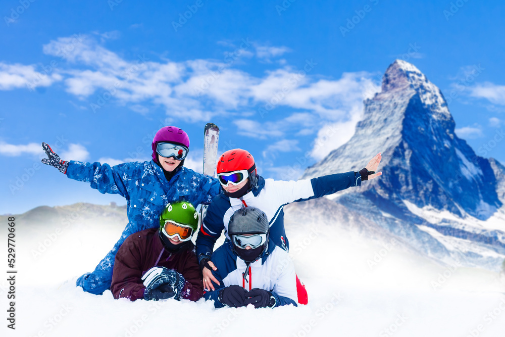family and snowboard on snowy mountain family and snowboard on snowy mountain
