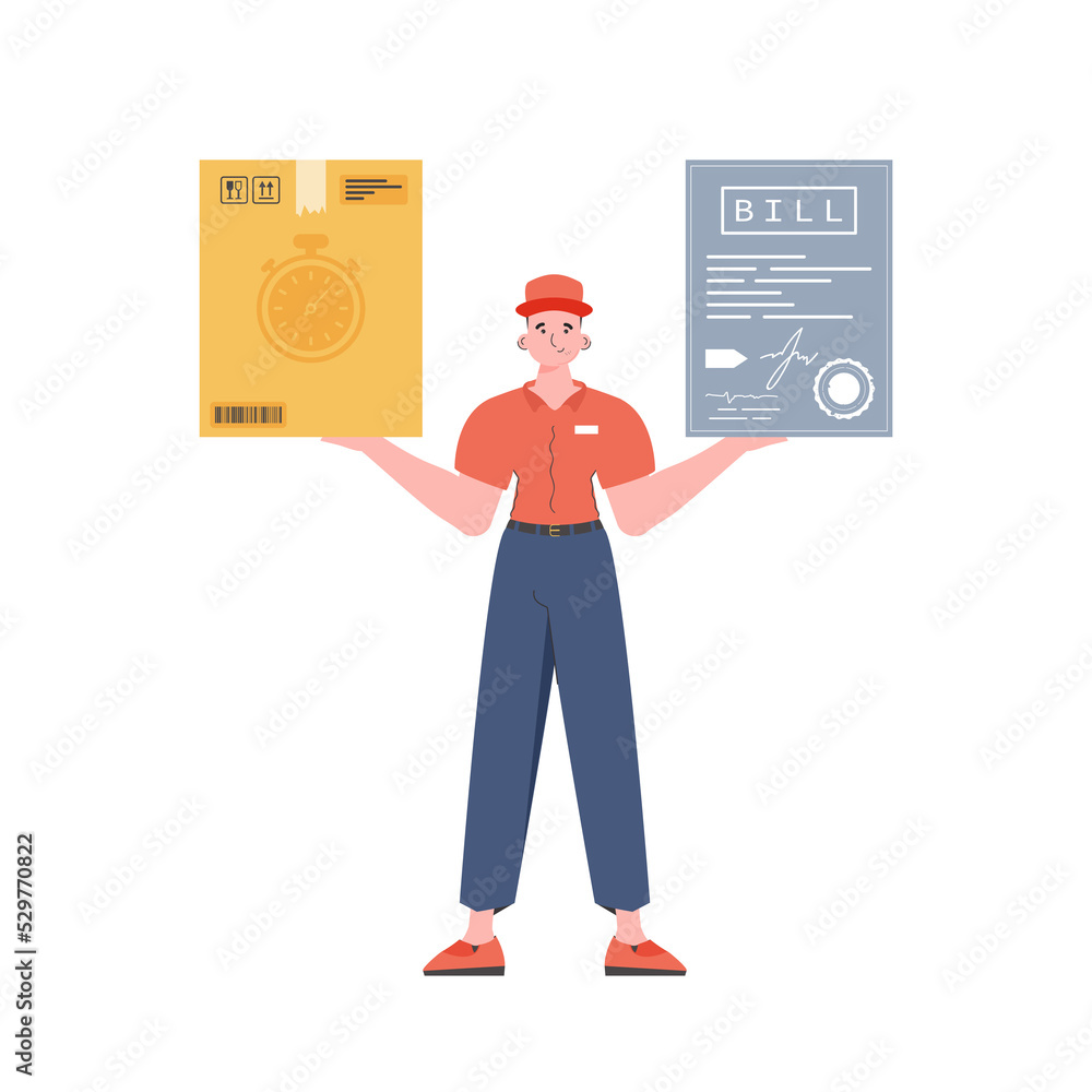 Male courier holds parcel and check. Home products. Food delivery. Trendy flat style. Male courier holds parcel and check. Home products. Food delivery. Trendy flat style.