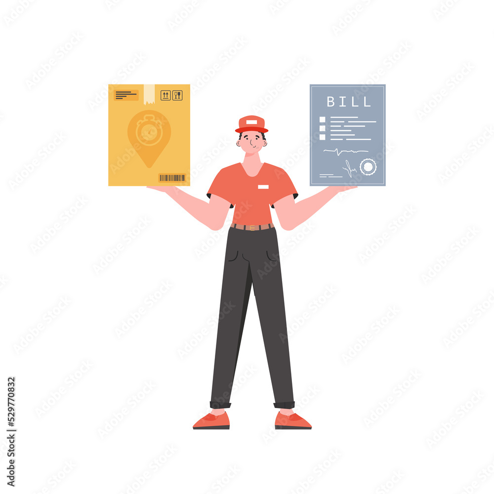 Male courier Delivers a parcel and issues an invoice. Home delivery concept. trendy style. Male courier Delivers a parcel and issues an invoice. Home delivery concept. trendy style.