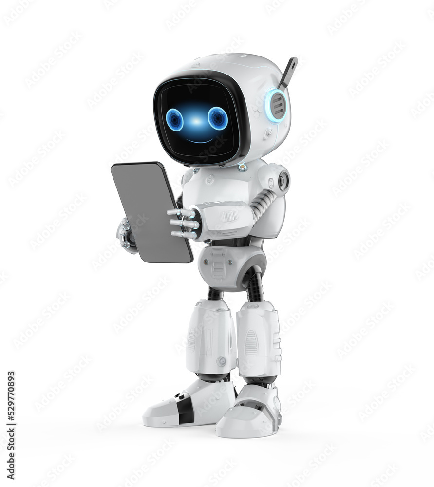 Small robot assistant hand hold digital tablet Small robot assistant hand hold digital tablet