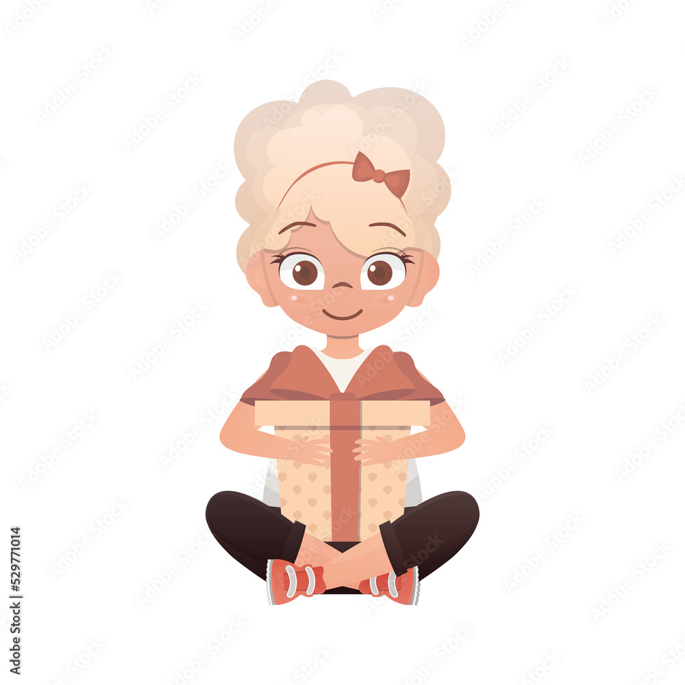 The Little Girl sits in a lotus position and holds a gift box in her hands. Cartoon style. The Little Girl sits in a lotus position and holds a gift box in her hands. Cartoon style.