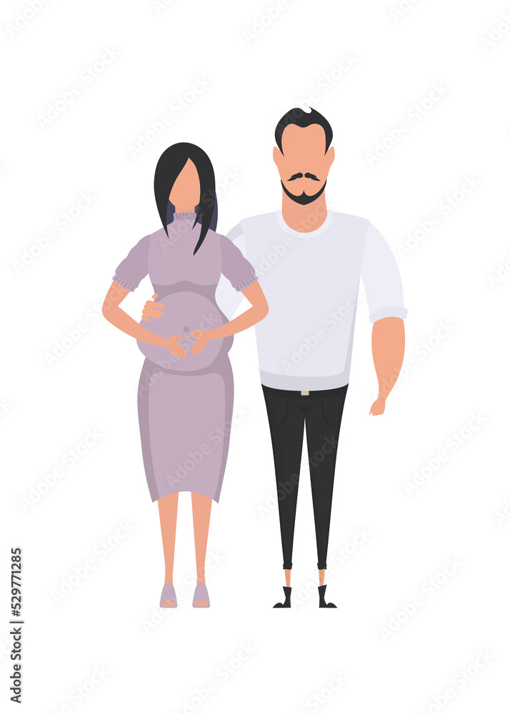 The man and the pregnant woman are depicted in full growth. Happy pregnancy concept. Vector in cartoon style. The man and the pregnant woman are depicted in full growth. Happy pregnancy concept. Vector in cartoon style.