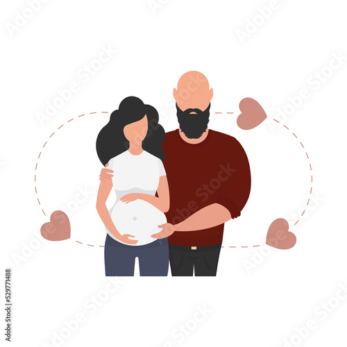A pregnant woman with her husband waist-deep.   Happy pregnancy concept.   in a flat style.