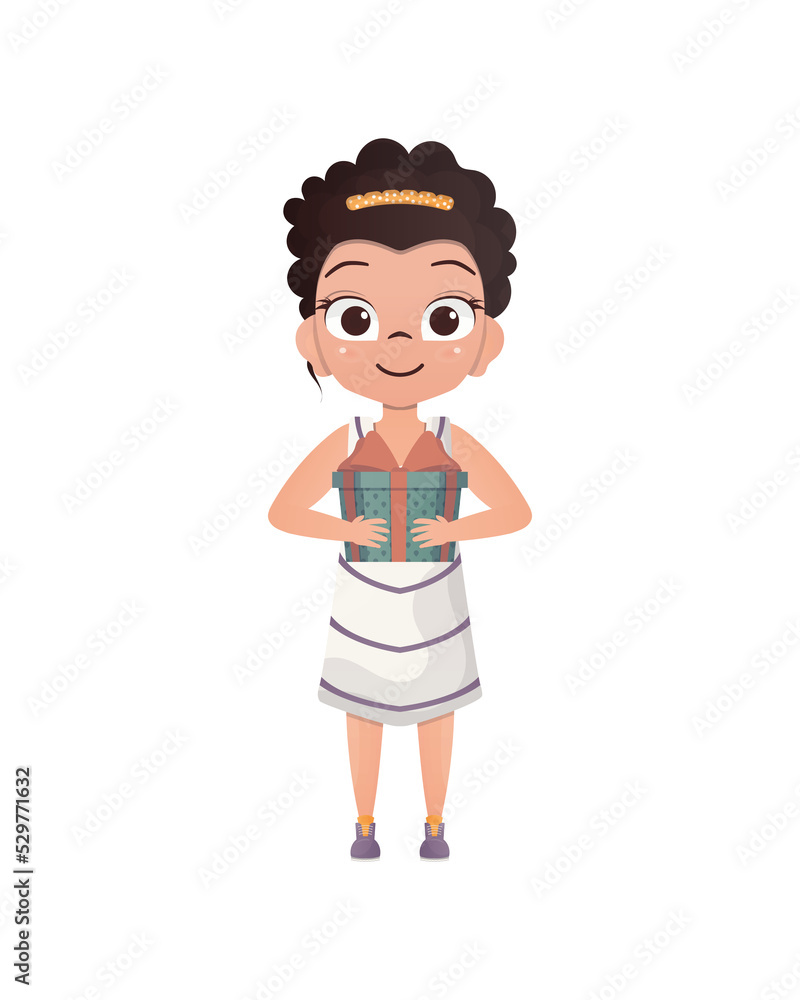 Cute little girl holding a gift box in her hands.   Cartoon style.