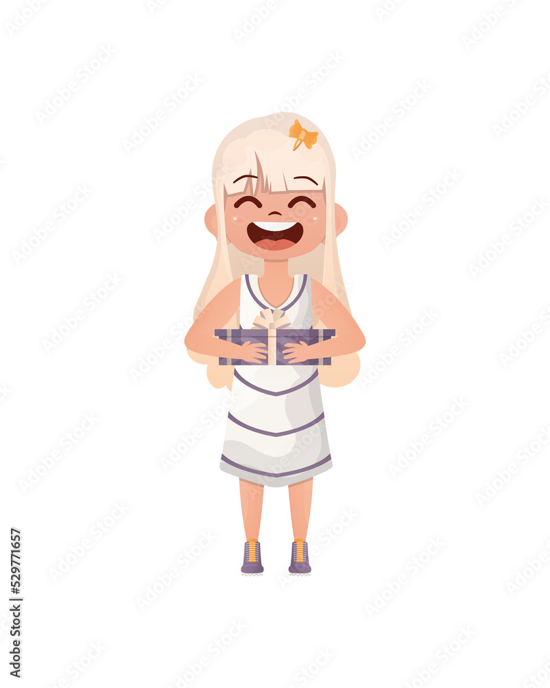 A cute little girl holds a gift in her hands. Cartoon style. A cute little girl holds a gift in her hands. Cartoon style.