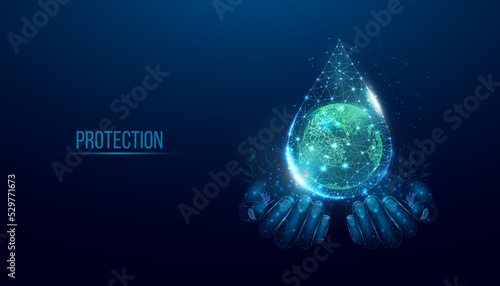 Two human hands are holds Planet Earth in water drop. World water day, Protection environmental, Ecology concept.