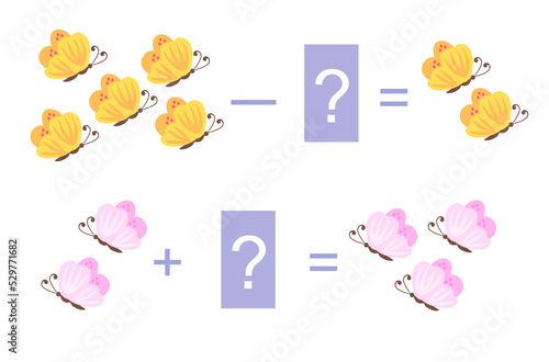 Arithmetic examples for kids with butterflies. Addition and subtraction.