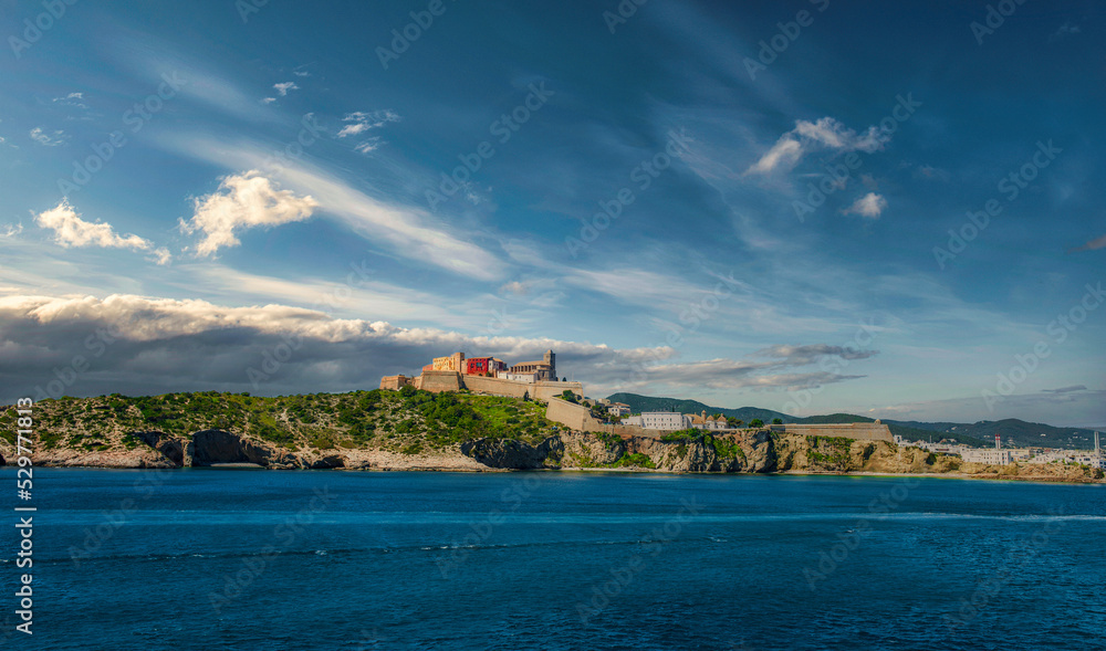 Ibiza castle on cliff, Balearic Islands, Spain