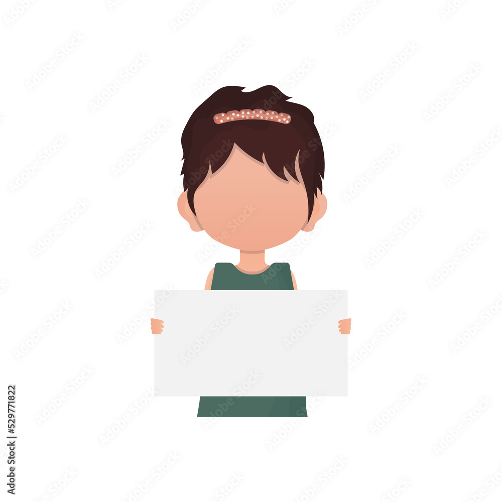 A small child girl holds an empty piece of paper in her hands. Flat style. A small child girl holds an empty piece of paper in her hands. Flat style.