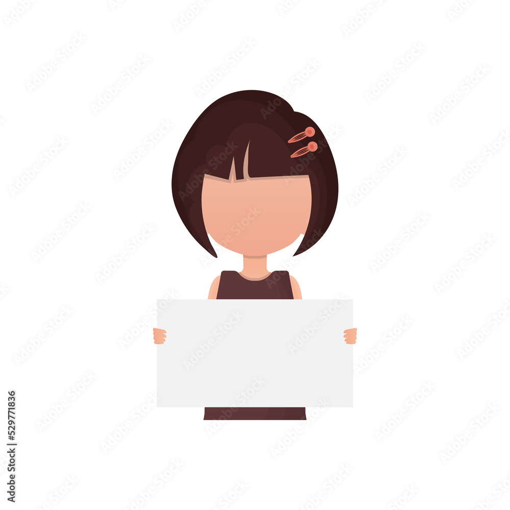 A small child girl holds a blank sheet of paper in her hands. Flat style. A small child girl holds a blank sheet of paper in her hands. Flat style.