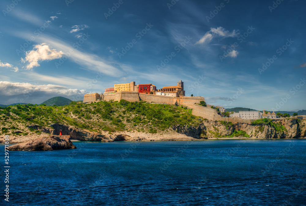 Ibiza castle on cliff, Balearic Islands, Spain