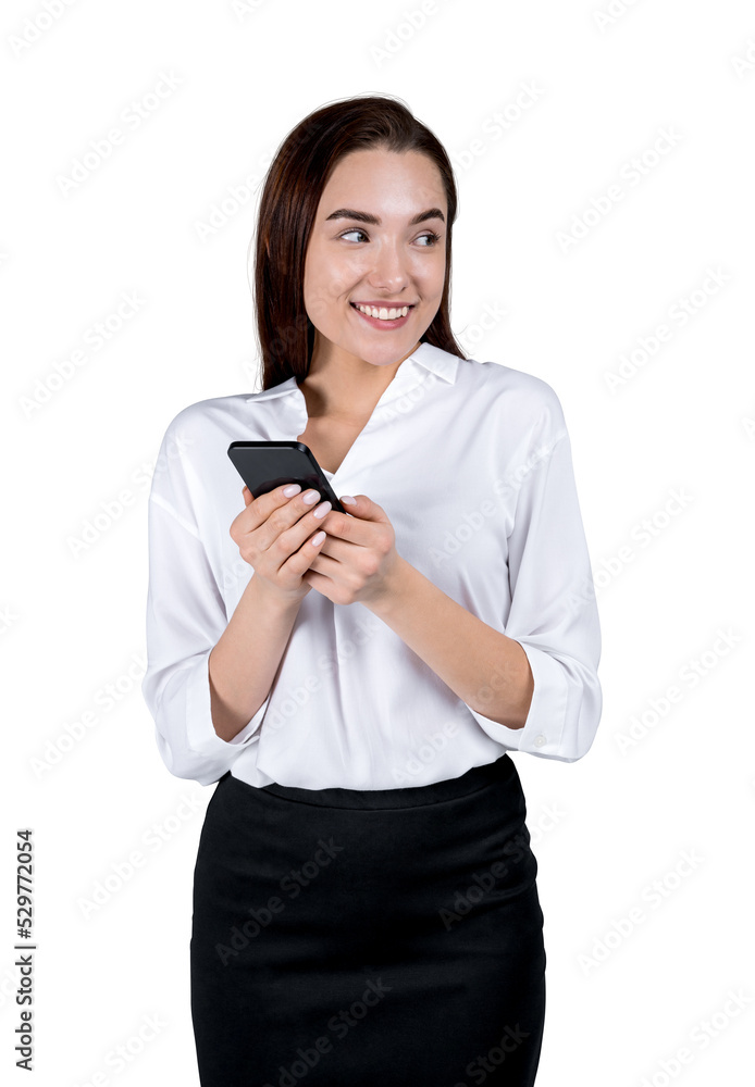Businesswoman with smartphone in hands, smiling. Isolated over white background Businesswoman with smartphone in hands, smiling. Isolated over white background