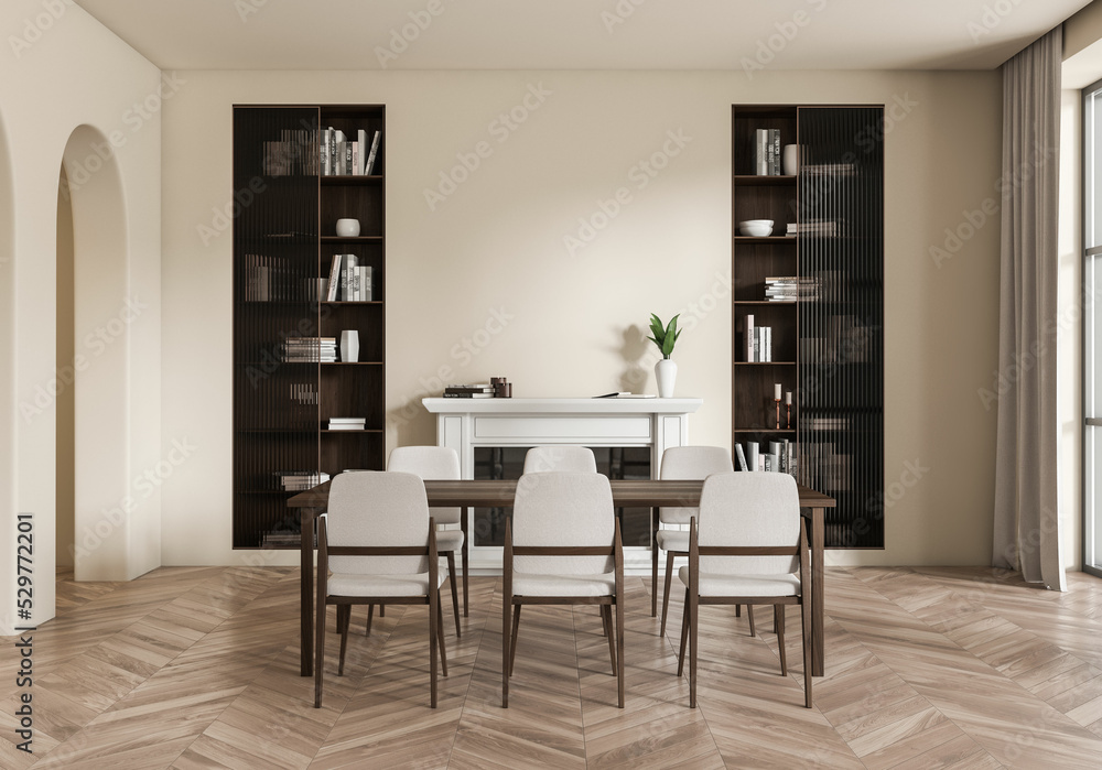 Fototapeta premium Light living room interior with chairs and art decoration, window and shelf