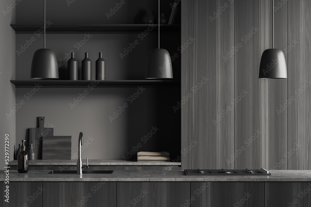 Grey cooking interior with countertop, sink and shelves - obrazy, fototapety, plakaty 