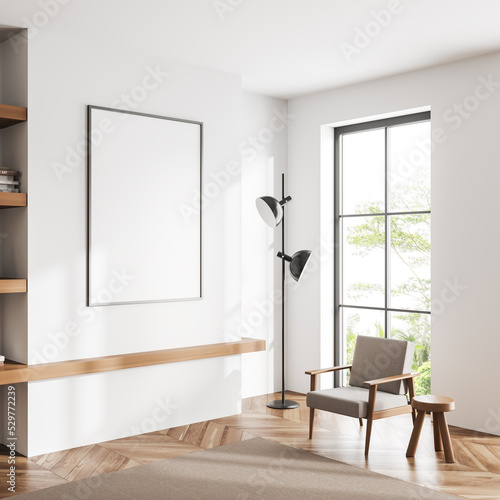 Light chill interior with seat and lamp, panoramic window and mockup frame