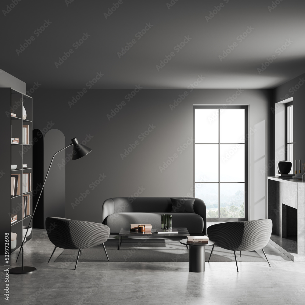 Fototapeta premium Grey living room interior with couch and panoramic window. Mockup empty wall