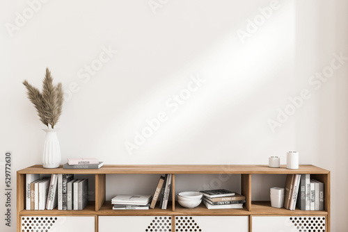 Light relax room interior with sideboard and decoration, mockup wall