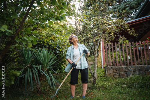 Beautiful happy active senior woman pensioner cleaning fallen leaves using a rake in the yard of a country house in autumn