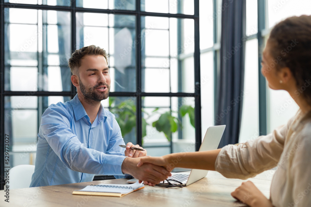 Fototapeta premium Job applicant having interview. Handshake while job interviewing.