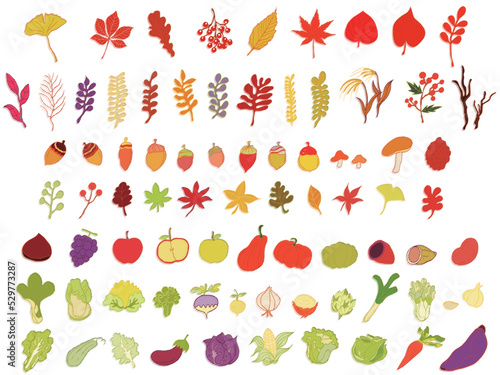 手描 秋 紅葉 食べ物 アイコン イラスト セット