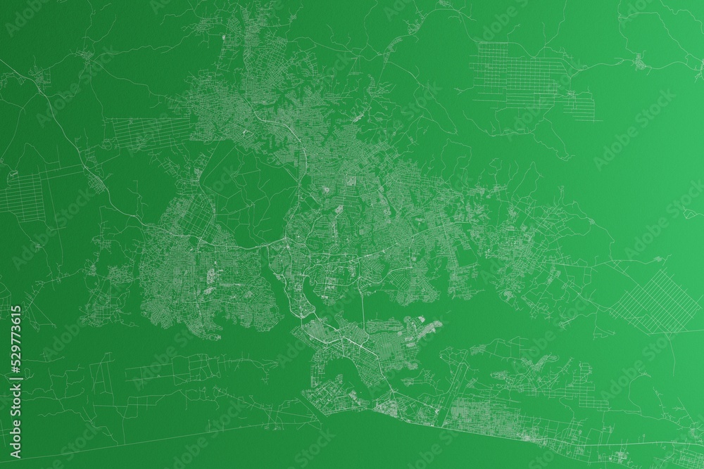 Obraz premium Map of the streets of Abijan (Ivory Coast) made with white lines on green paper. Rough background. 3d render, illustration