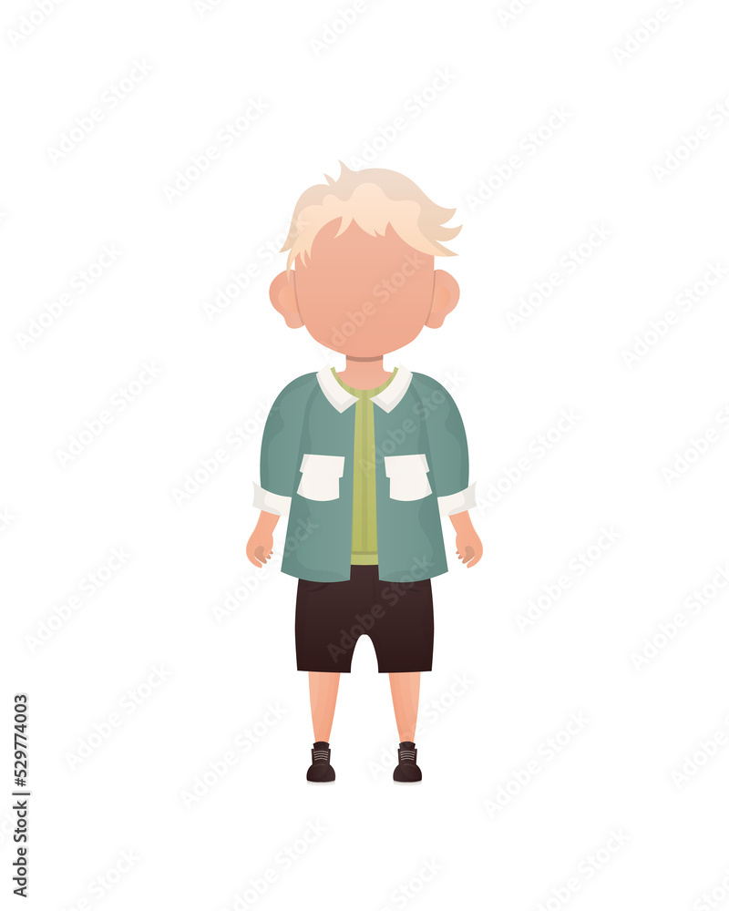 Fair-haired little boy, preschool age in a shirt and shorts. Cartoon style. . Fair-haired little boy, preschool age in a shirt and shorts. Cartoon style. .
