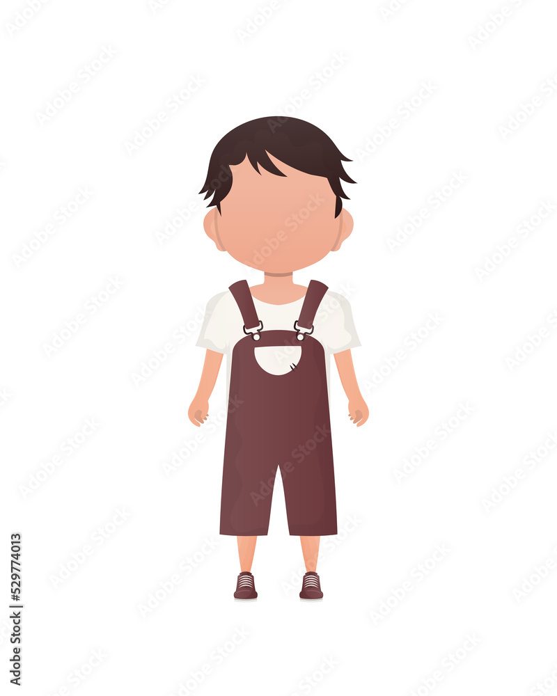 Dark-haired little boy, preschool age in overalls. Cartoon style. . Dark-haired little boy, preschool age in overalls. Cartoon style. .