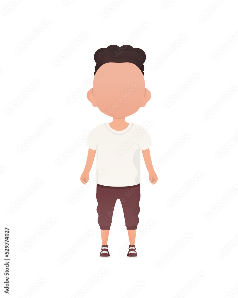 Dark-haired little boy, preschool age in a t-shirt and shorts. Cartoon style. . Dark-haired little boy, preschool age in a t-shirt and shorts. Cartoon style. .