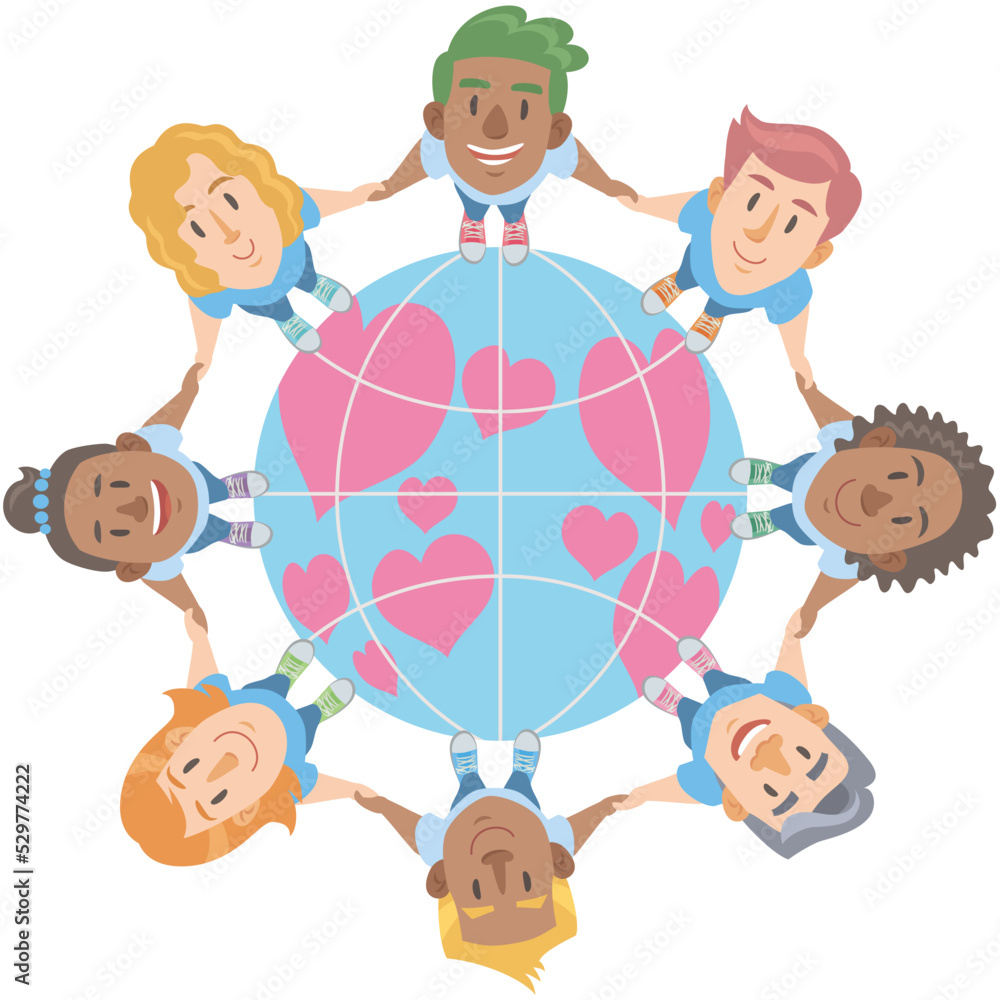 Diverse people holding hands on globe filled with heart shaped continents. Vector illustration in flat cartoon style on white background. Diverse people holding hands on globe filled with heart shaped continents. Vector illustration in flat cartoon style on white background.