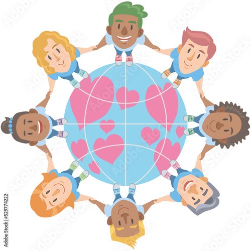 Diverse people holding hands on globe filled with heart shaped continents.  Vector illustration in flat cartoon style on white background.