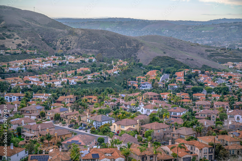 View from a hiking trail of villas on a subdivision at San Clemente, California