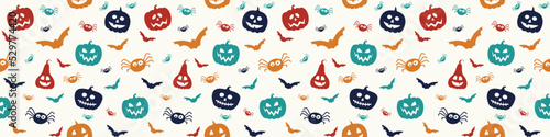 Print op canvas Design of Halloween pattern with funny pumpkin lanterns, bats and spiders