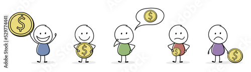 Funny stickman with dollar. Money saving concept. Icon set. Vector