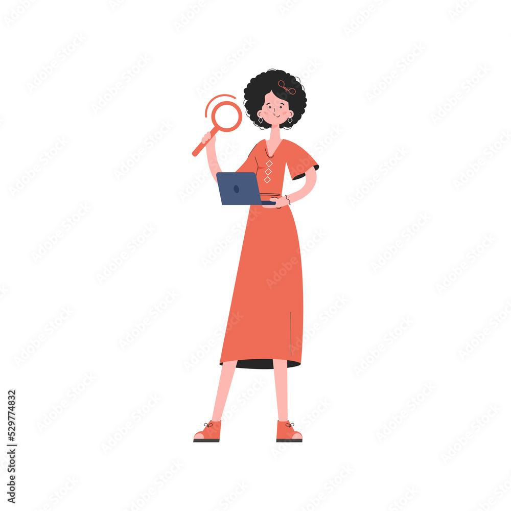 The girl stands in full growth holding a computer and a magnifying glass in her hands. Element for presentations, sites. The girl stands in full growth holding a computer and a magnifying glass in her hands. Element for presentations, sites.