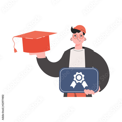 The guy stands waist-deep and holds a diploma. Element for presentations, sites.