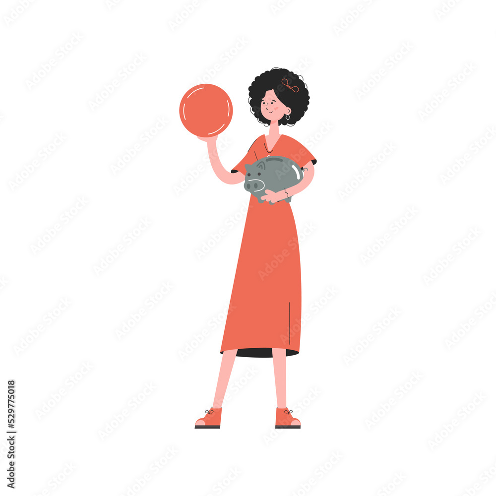 A woman stands in full growth holding a piggy bank. Element for presentations, sites. A woman stands in full growth holding a piggy bank. Element for presentations, sites.