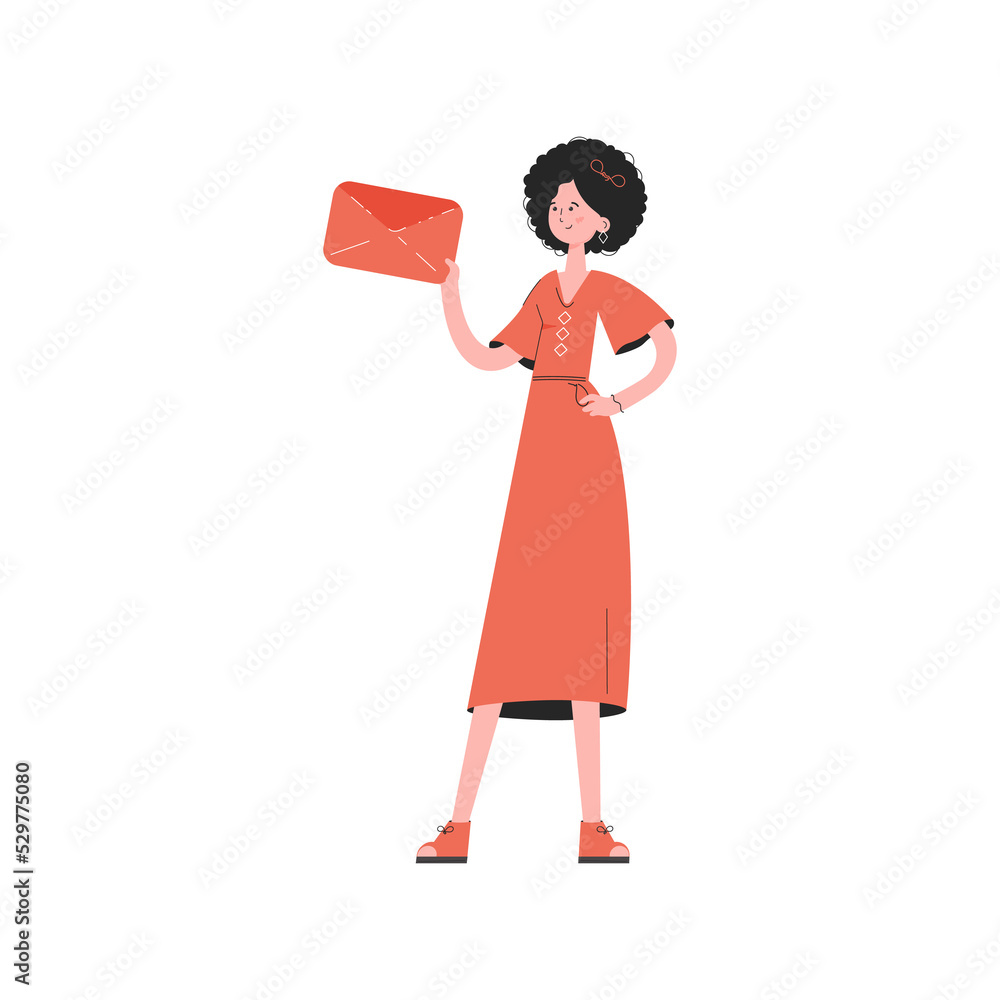 A woman stands in full growth holding a letter. Element for presentations, sites. A woman stands in full growth holding a letter. Element for presentations, sites.