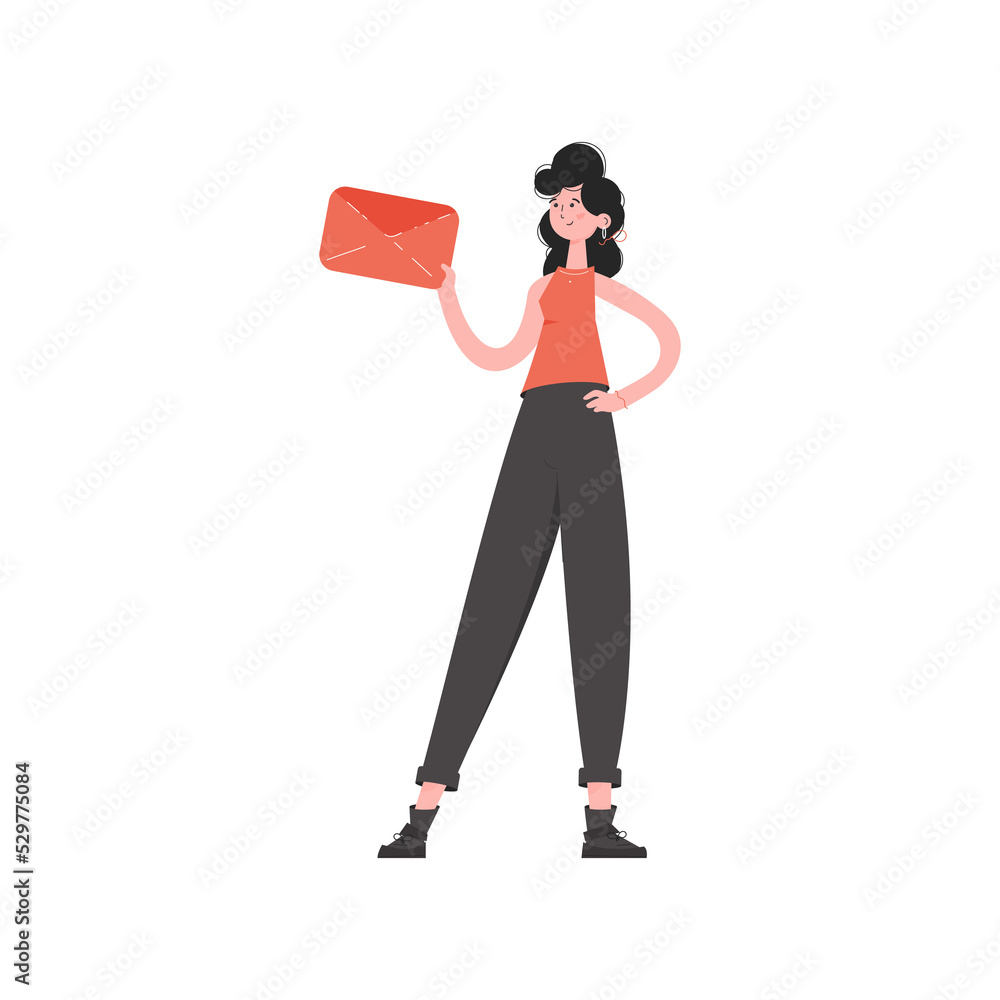 A woman stands in full growth holding an envelope with a letter. Element for presentations, sites. A woman stands in full growth holding an envelope with a letter. Element for presentations, sites.