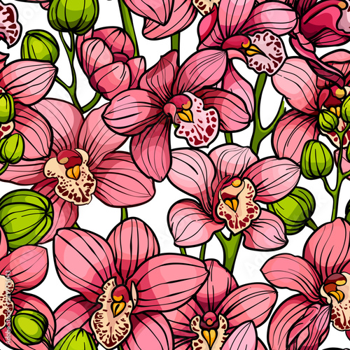 Pink orchids on white background, seamless vector pattern. hand drawn illustration. Exotic tropical flowers