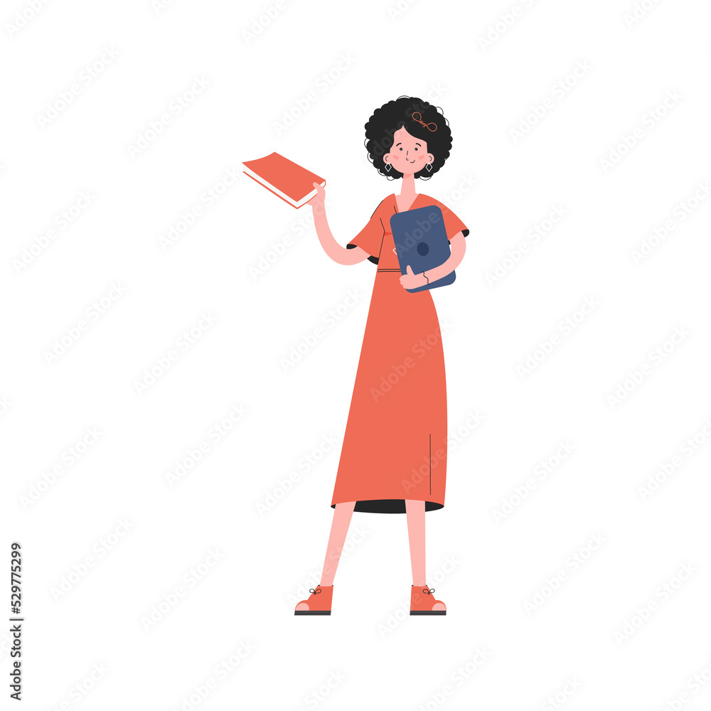 A woman stands to her full height and holds a textbook in her hands. Element for presentations, sites. A woman stands to her full height and holds a textbook in her hands. Element for presentations, sites.
