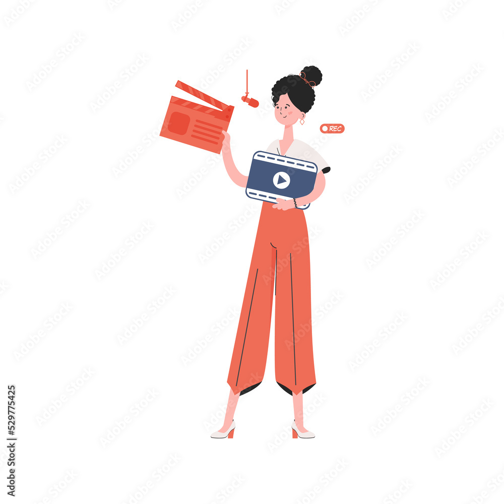 A woman stands to her full height and holds a clapperboard in her hands. Element for presentations, sites. A woman stands to her full height and holds a clapperboard in her hands. Element for presentations, sites.