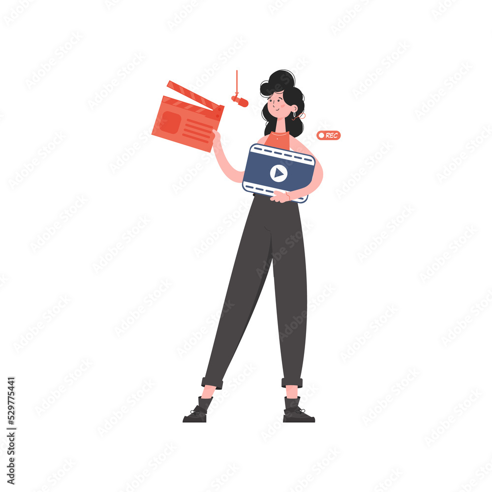 A woman stands in full growth with an open clapperboard. Element for presentations, sites. A woman stands in full growth with an open clapperboard. Element for presentations, sites.