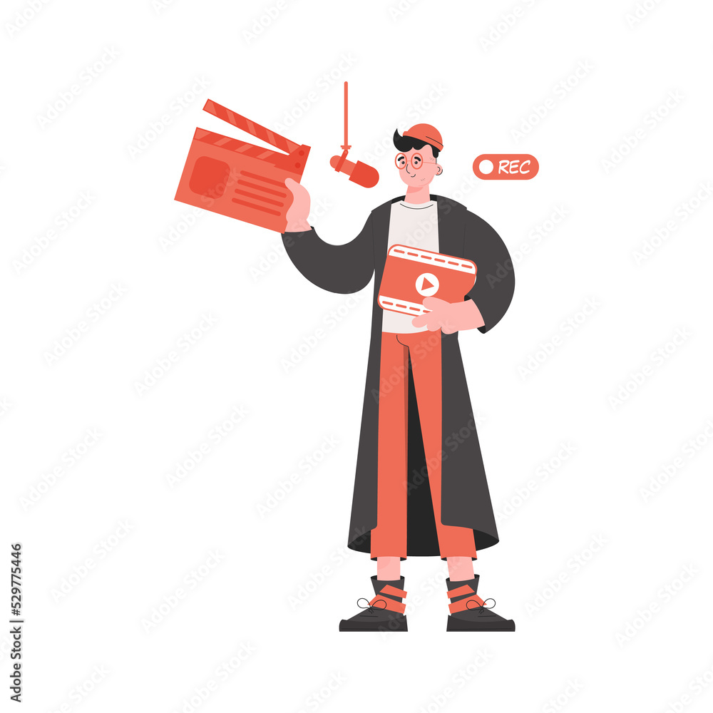 A man stands in full growth with an open clapperboard. Element for presentations, sites. A man stands in full growth with an open clapperboard. Element for presentations, sites.
