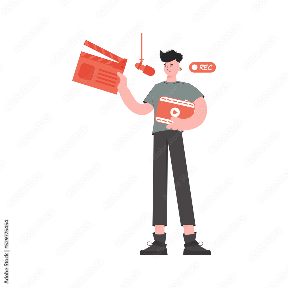 A man stands in full growth holding a clapperboard film. Element for presentations, sites. A man stands in full growth holding a clapperboard film. Element for presentations, sites.