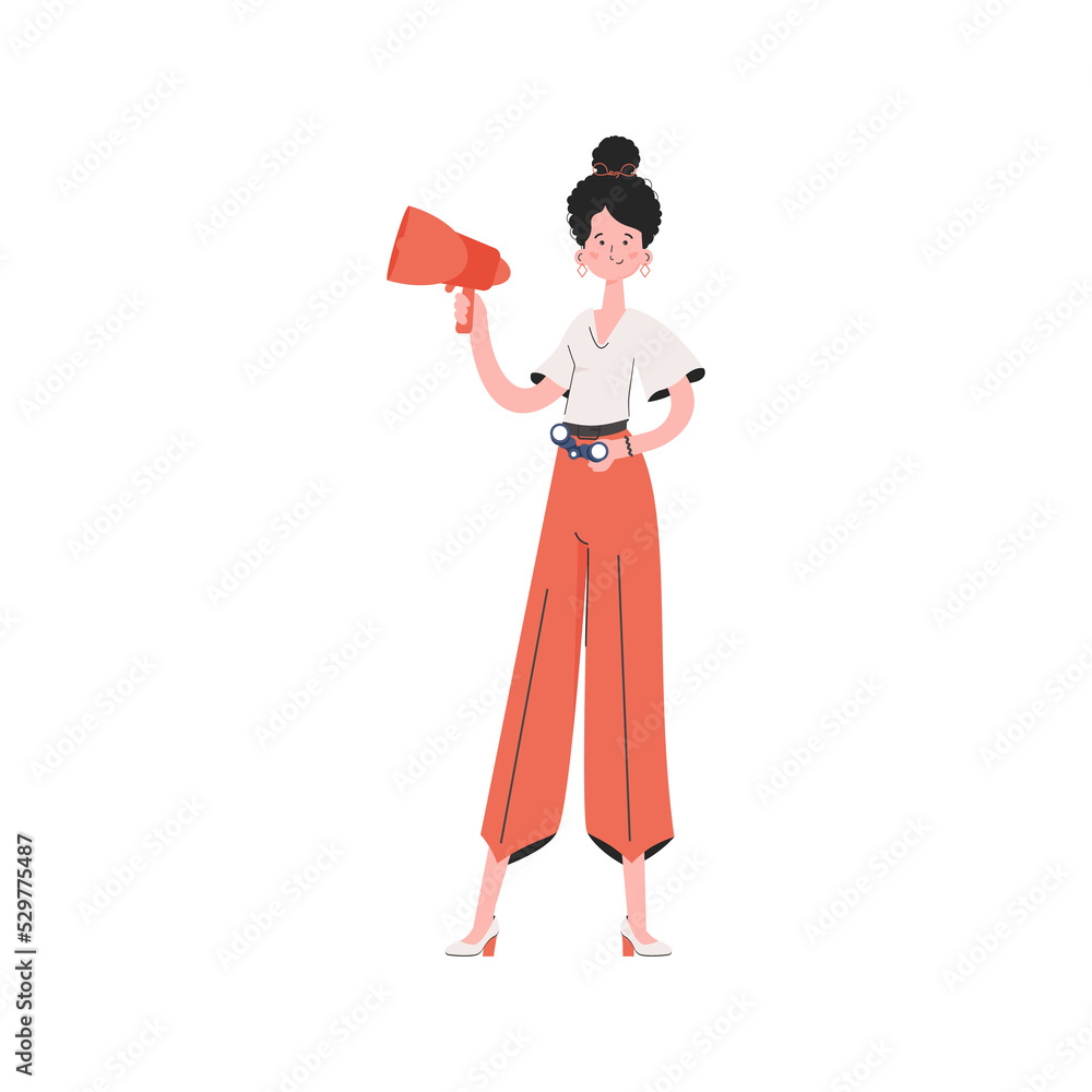 A woman stands in full growth and holds a loudspeaker in her hands. Element for presentations, sites. A woman stands in full growth and holds a loudspeaker in her hands. Element for presentations, sites.