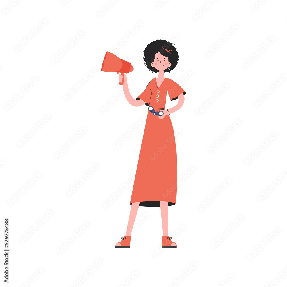 A woman stands in full growth with binoculars. Element for presentations, sites. A woman stands in full growth with binoculars. Element for presentations, sites.
