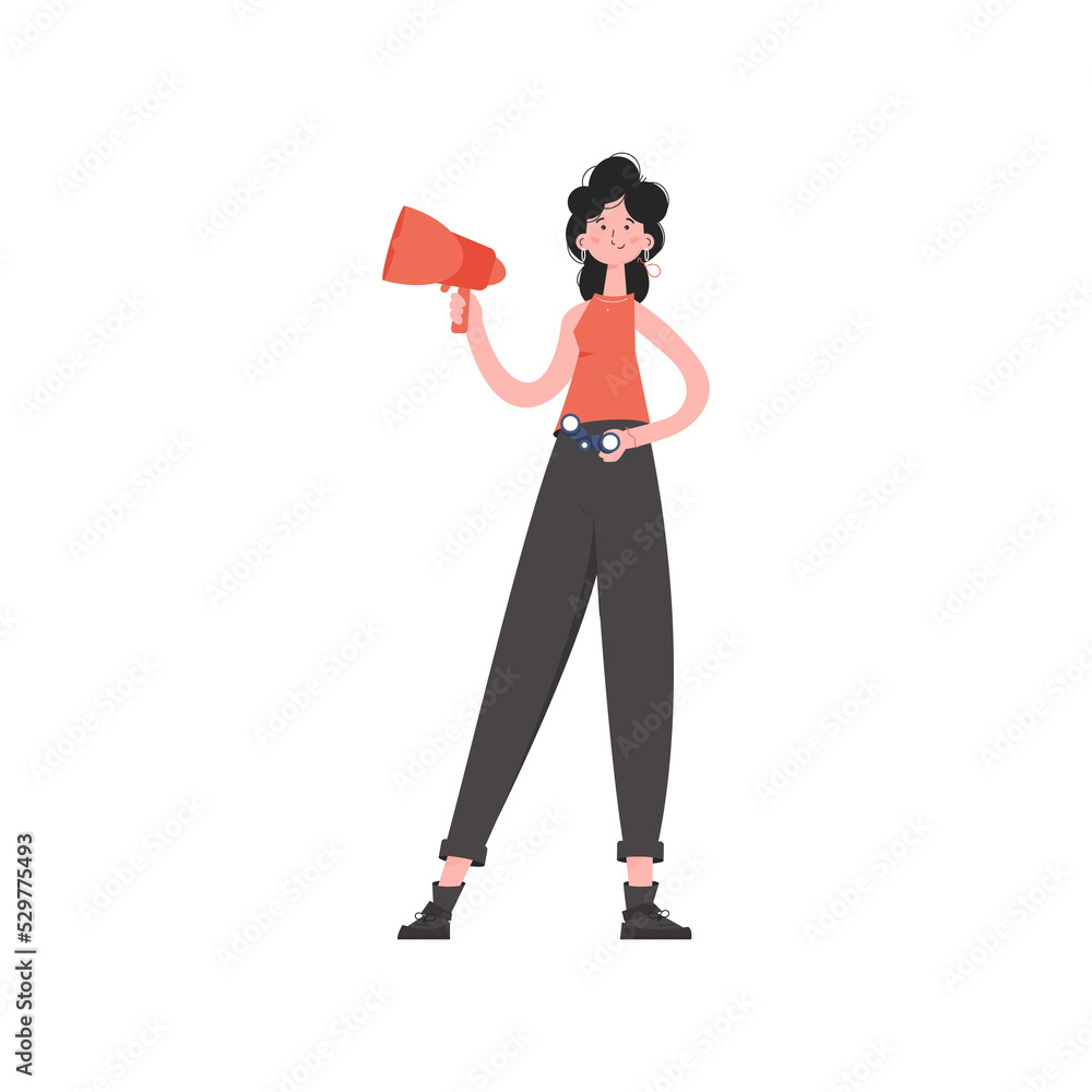 A woman stands in full growth holding a loudspeaker and binoculars. Element for presentations, sites. A woman stands in full growth holding a loudspeaker and binoculars. Element for presentations, sites.